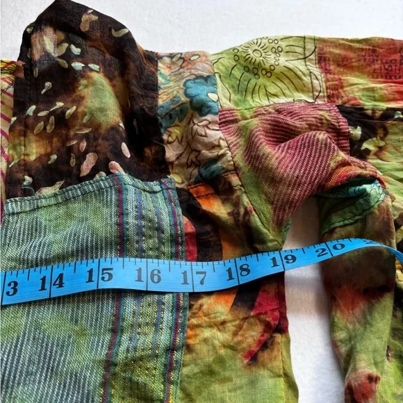 Kathmandu Imports Boho Patchwork Tie Front Bell Sleeve Blouse size small/medium - Picture 5 of 9